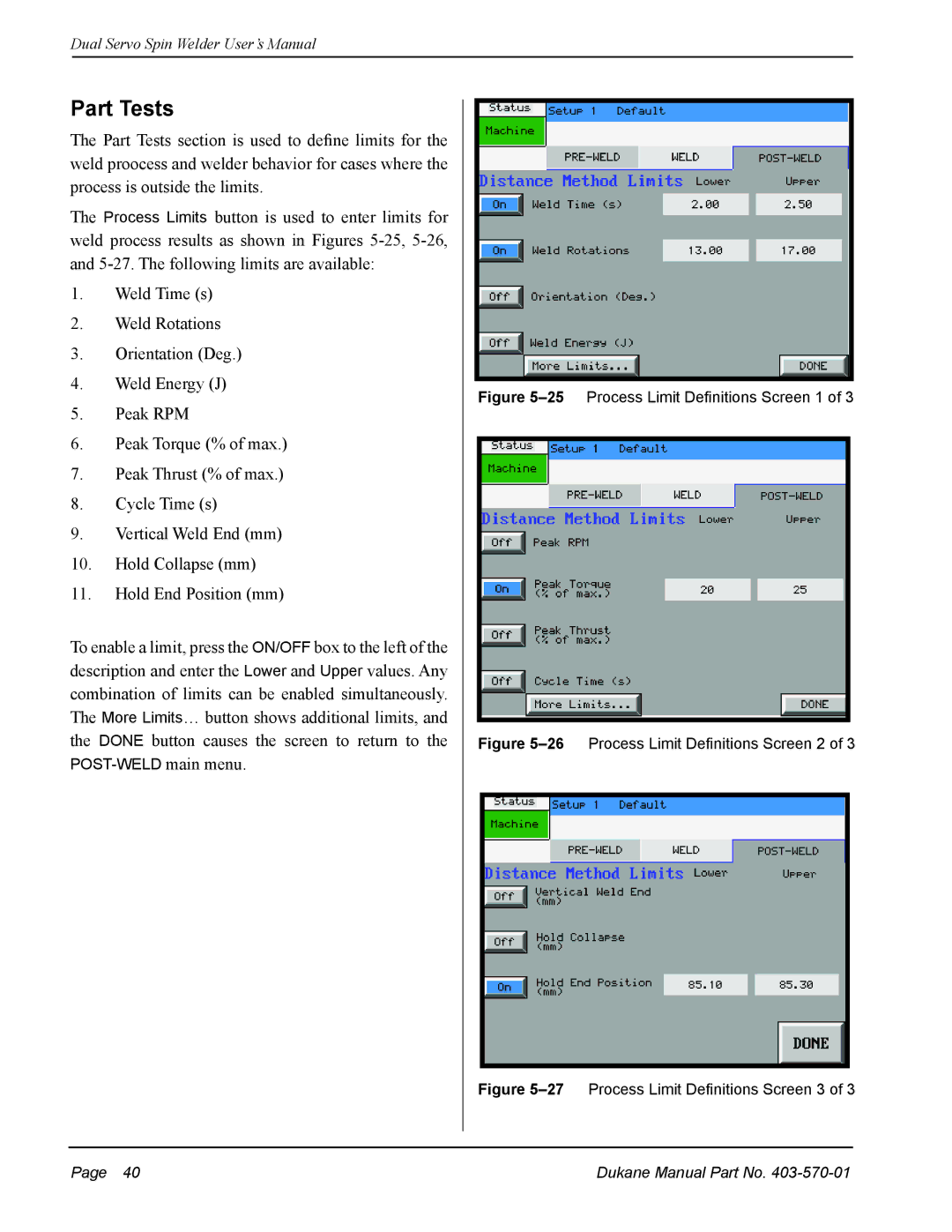 Dukane 403-570-01 user manual Part Tests, 25Process Limit Definitions Screen 1 