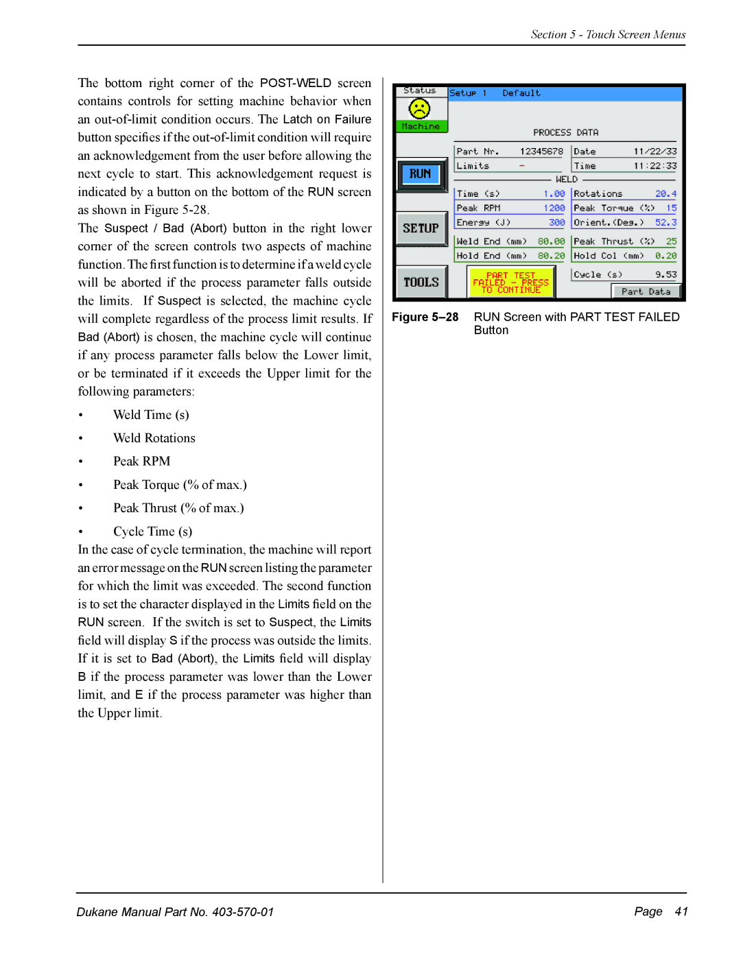 Dukane 403-570-01 user manual 28RUN Screen with Part Test Failed Button 