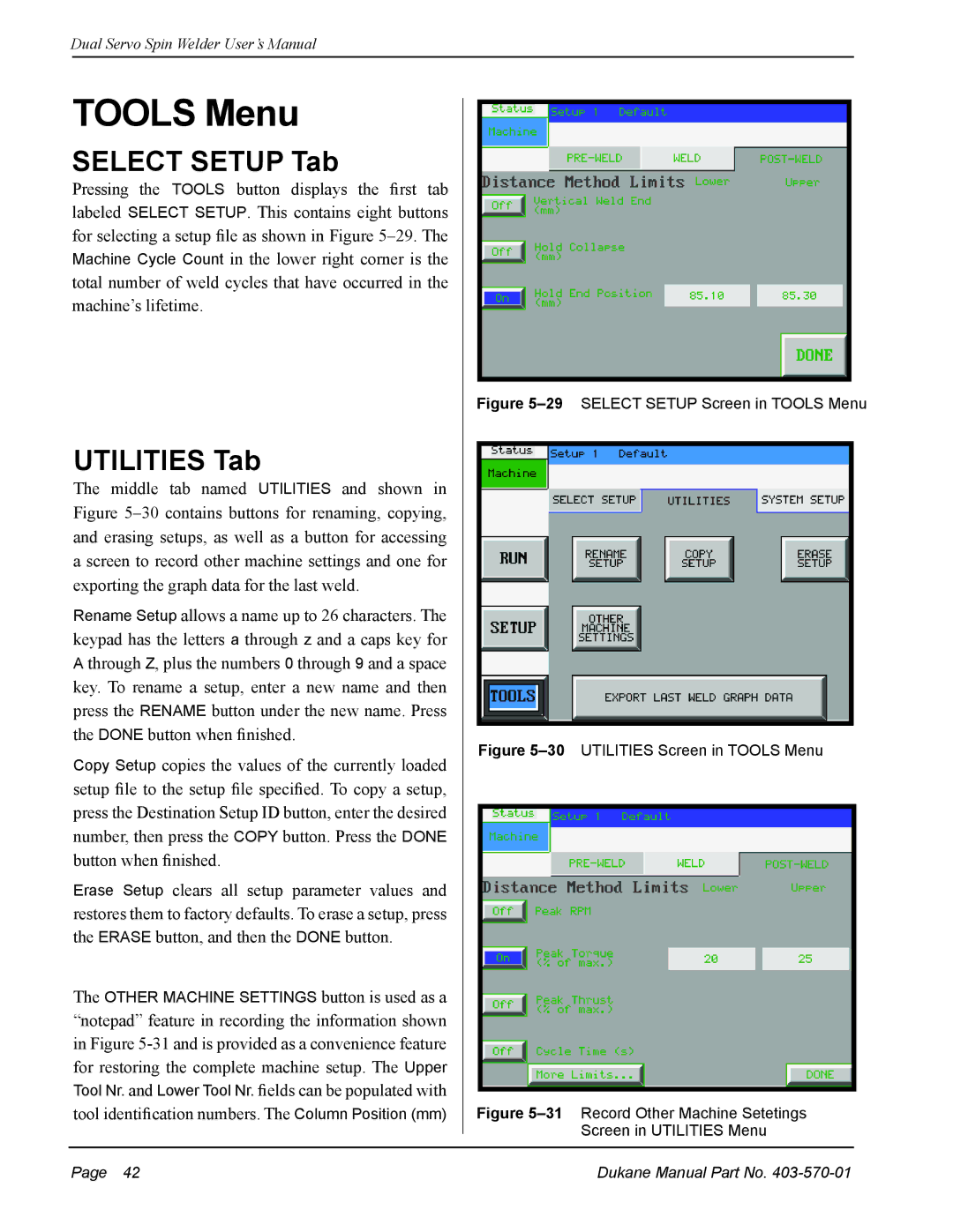 Dukane 403-570-01 user manual Tools Menu, Select Setup Tab, Utilities Tab 