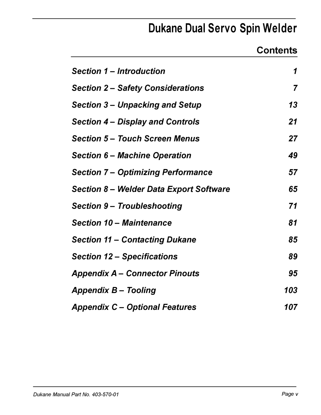 Dukane 403-570-01 user manual Dukane Dual Servo Spin Welder, Contents 