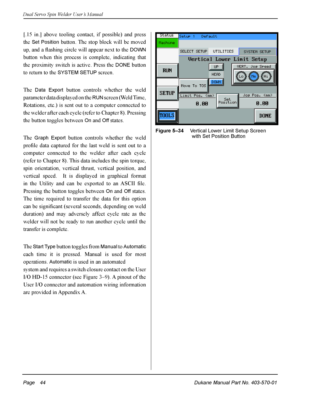 Dukane 403-570-01 user manual 34Vertical Lower Limit Setup Screen with Set Position Button 