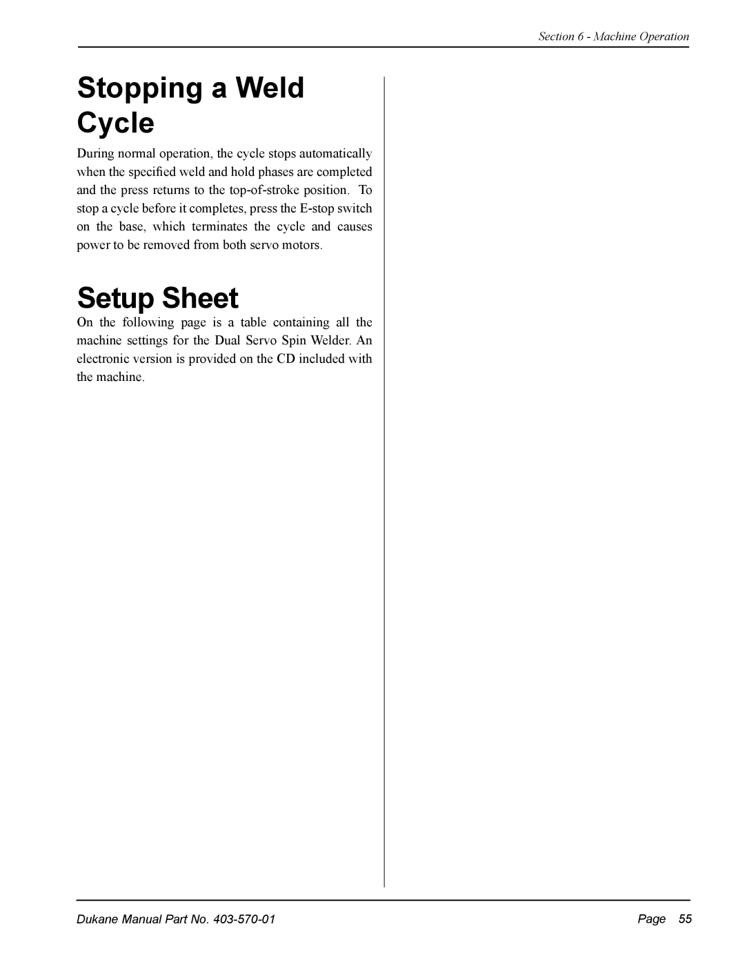 Dukane 403-570-01 user manual Stopping a Weld Cycle, Setup Sheet 