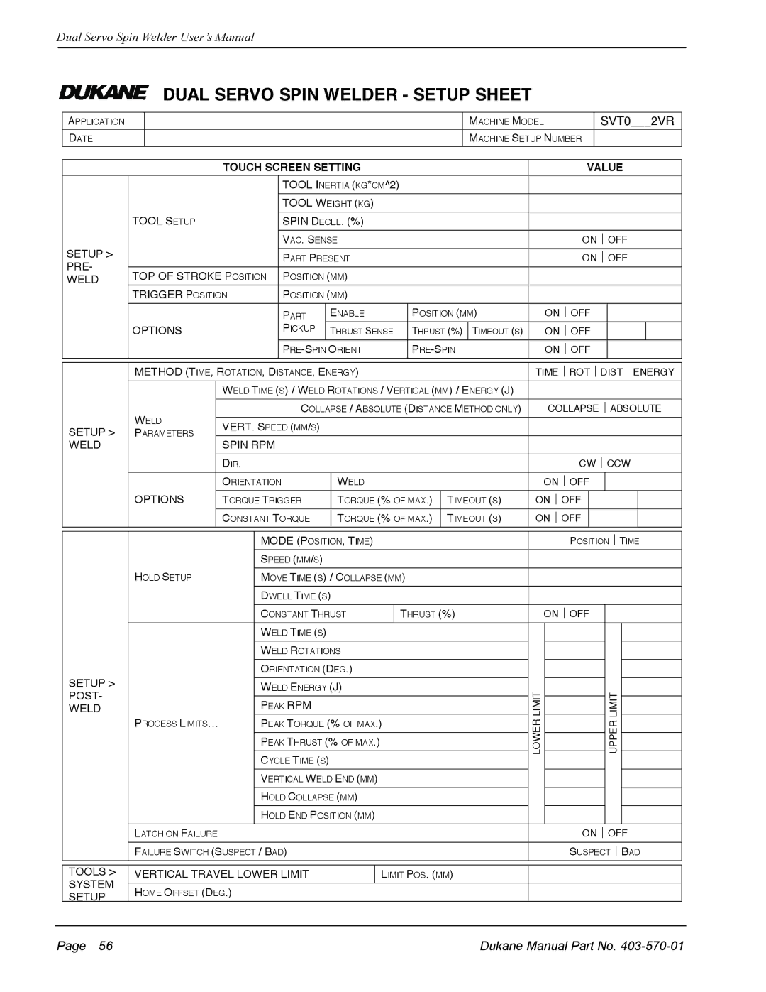 Dukane 403-570-01 user manual Dual Servo Spin Welder Setup Sheet 