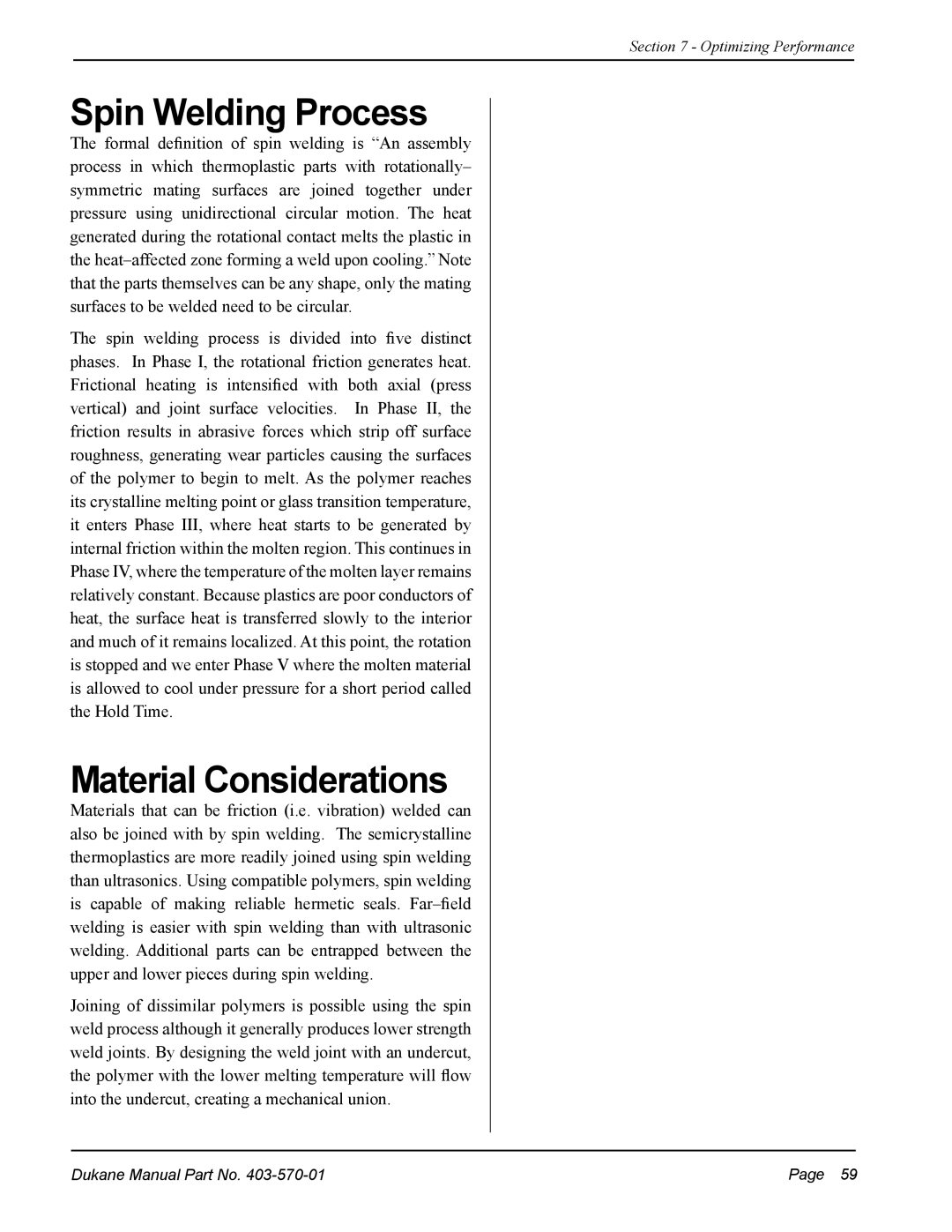 Dukane 403-570-01 user manual Spin Welding Process, Material Considerations 