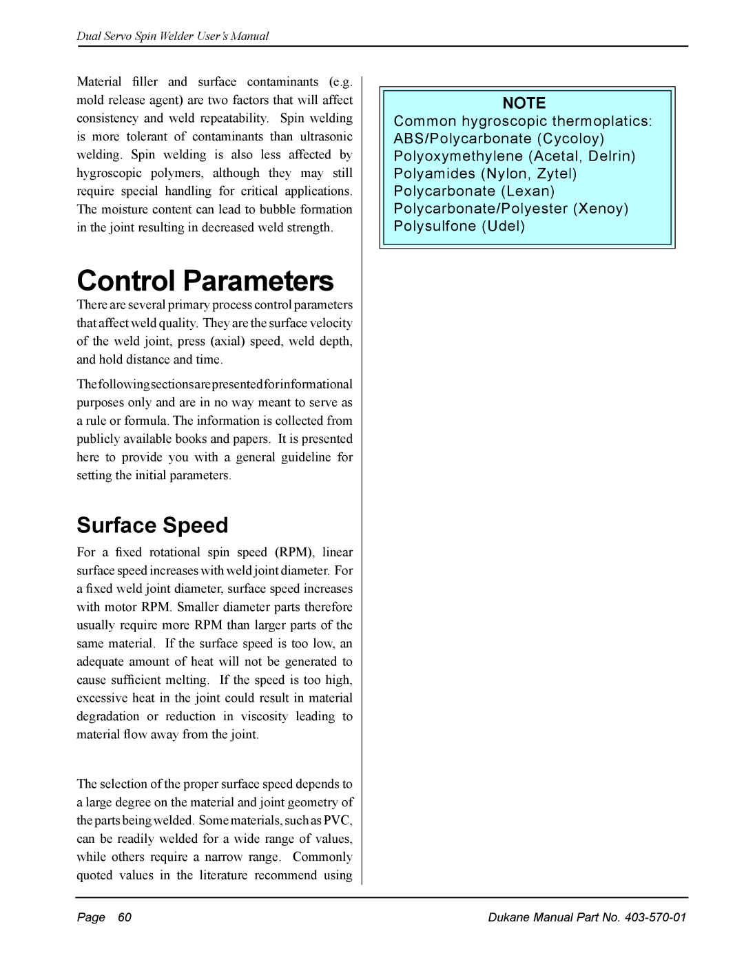 Dukane 403-570-01 user manual Control Parameters, Surface Speed 