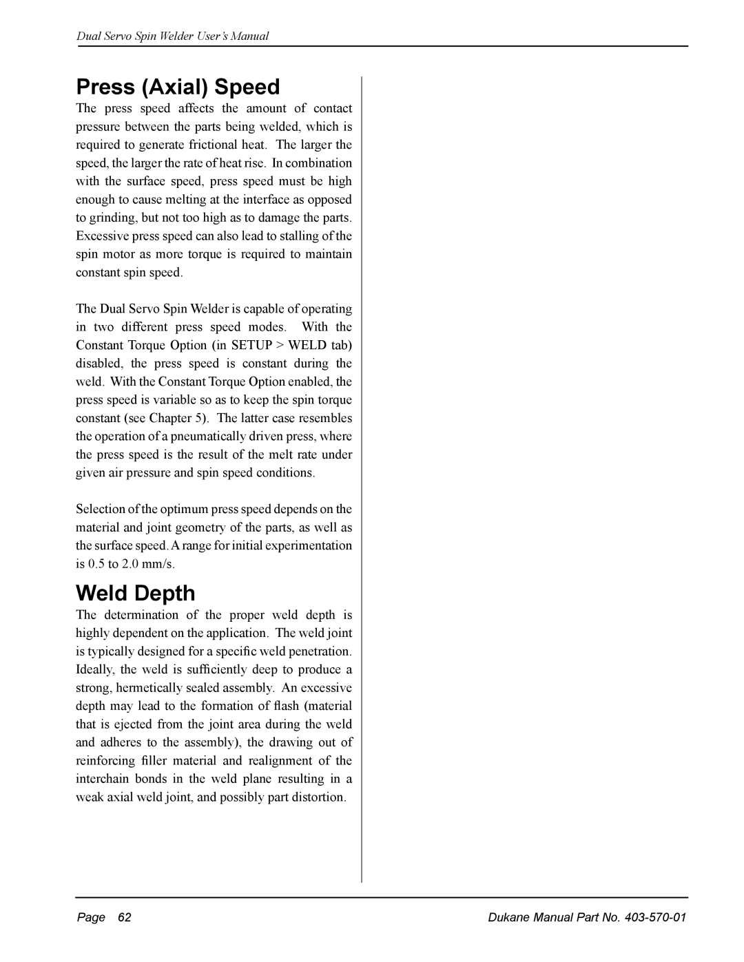 Dukane 403-570-01 user manual Press Axial Speed, Weld Depth 