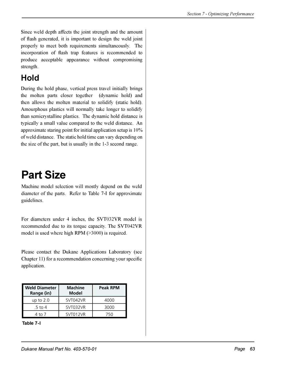 Dukane 403-570-01 user manual Part Size, Hold, Weld Diameter Machine Peak RPM 