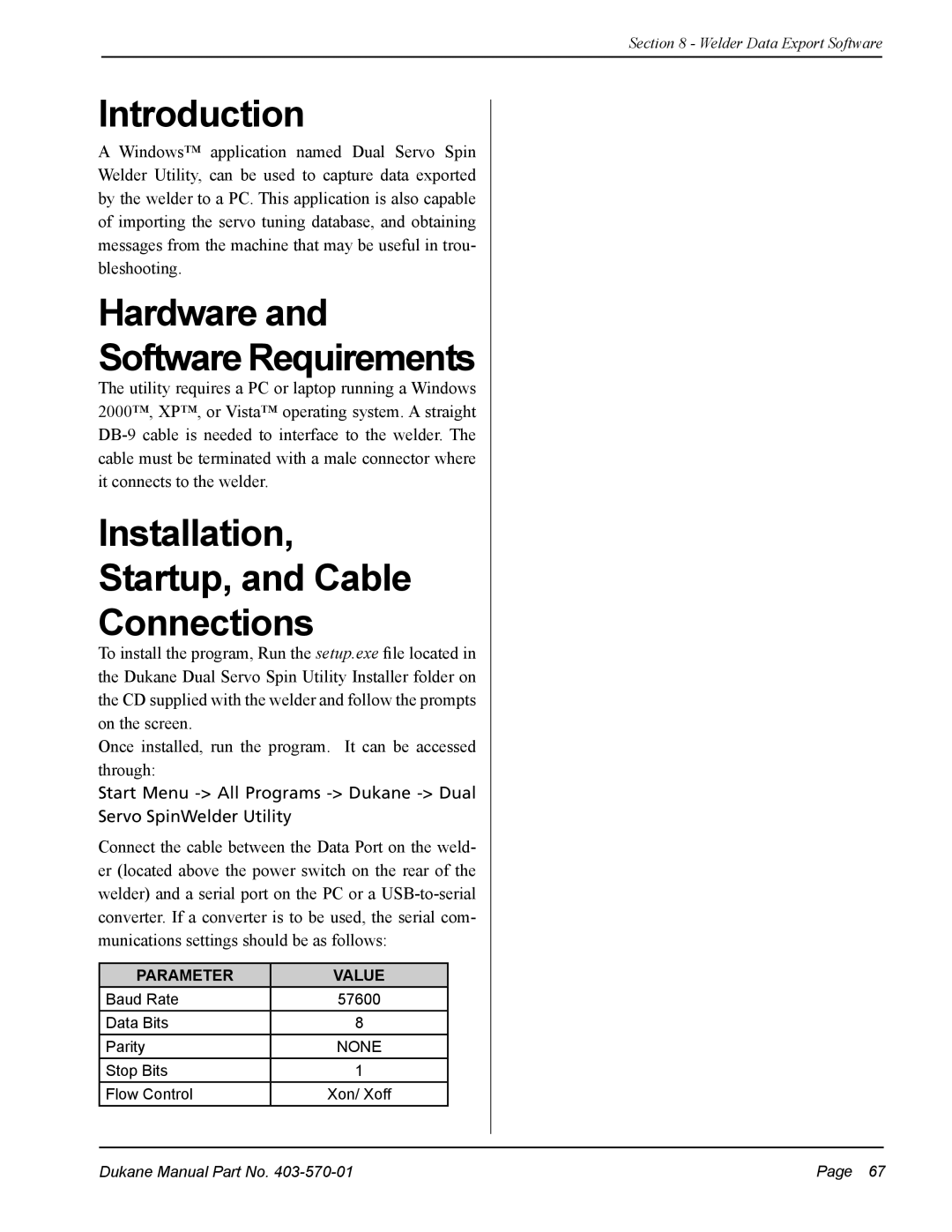 Dukane 403-570-01 user manual Hardware Software Requirements, Installation Startup, and Cable Connections 