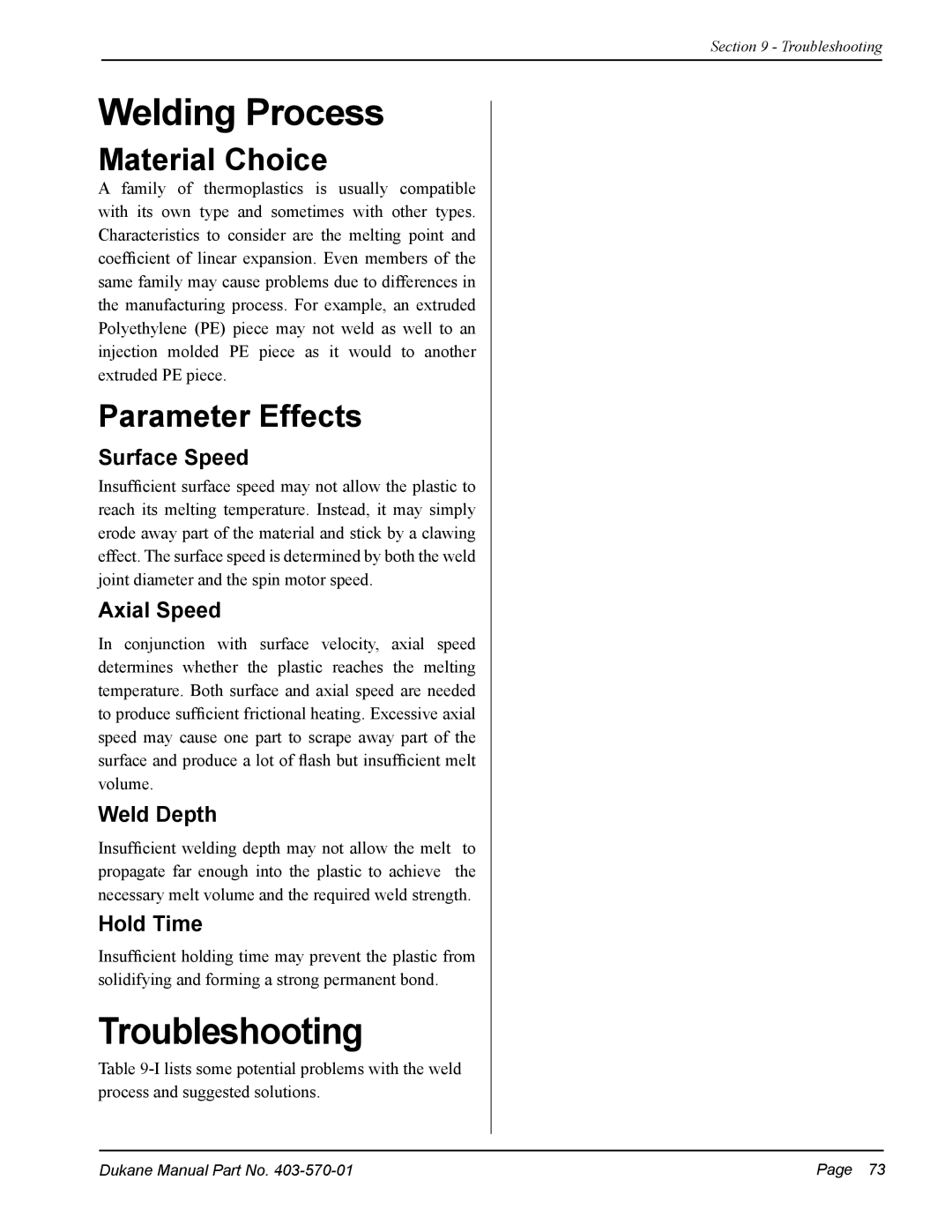 Dukane 403-570-01 user manual Welding Process, Troubleshooting 