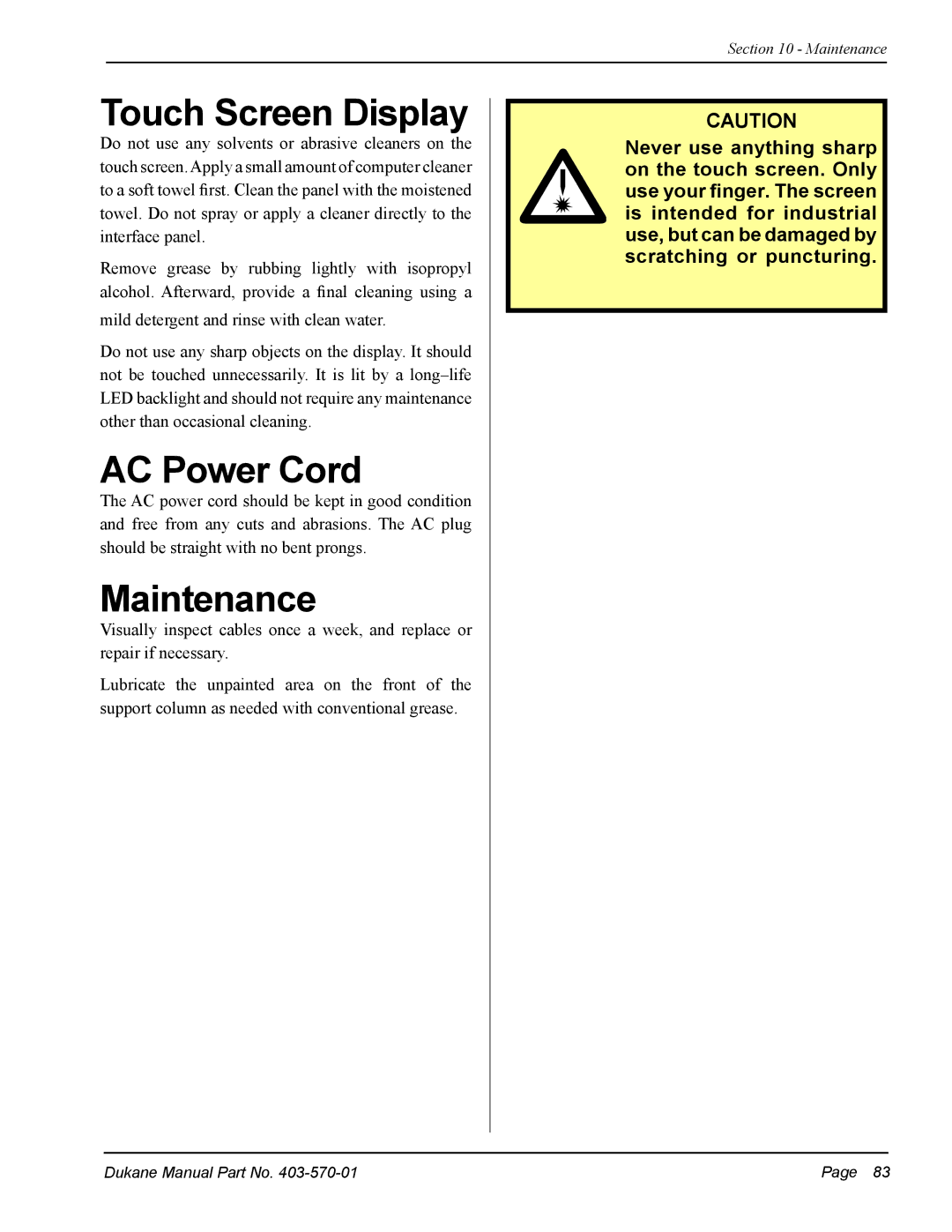 Dukane 403-570-01 user manual AC Power Cord, Maintenance 