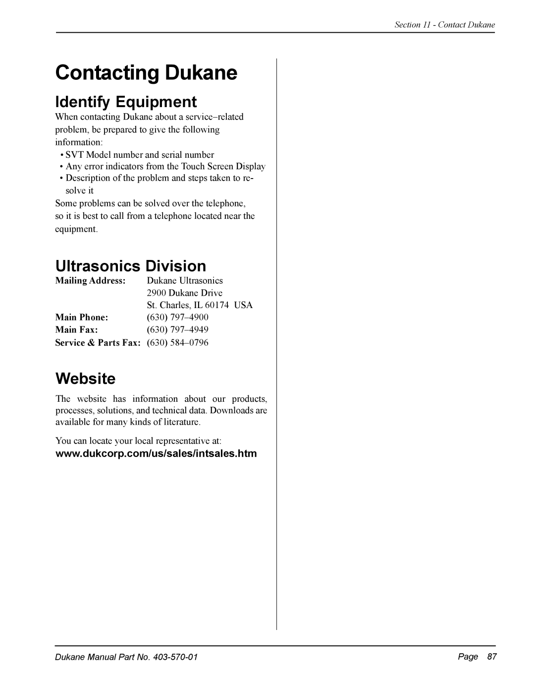 Dukane 403-570-01 user manual Contacting Dukane, Identify Equipment, Ultrasonics Division, Website 