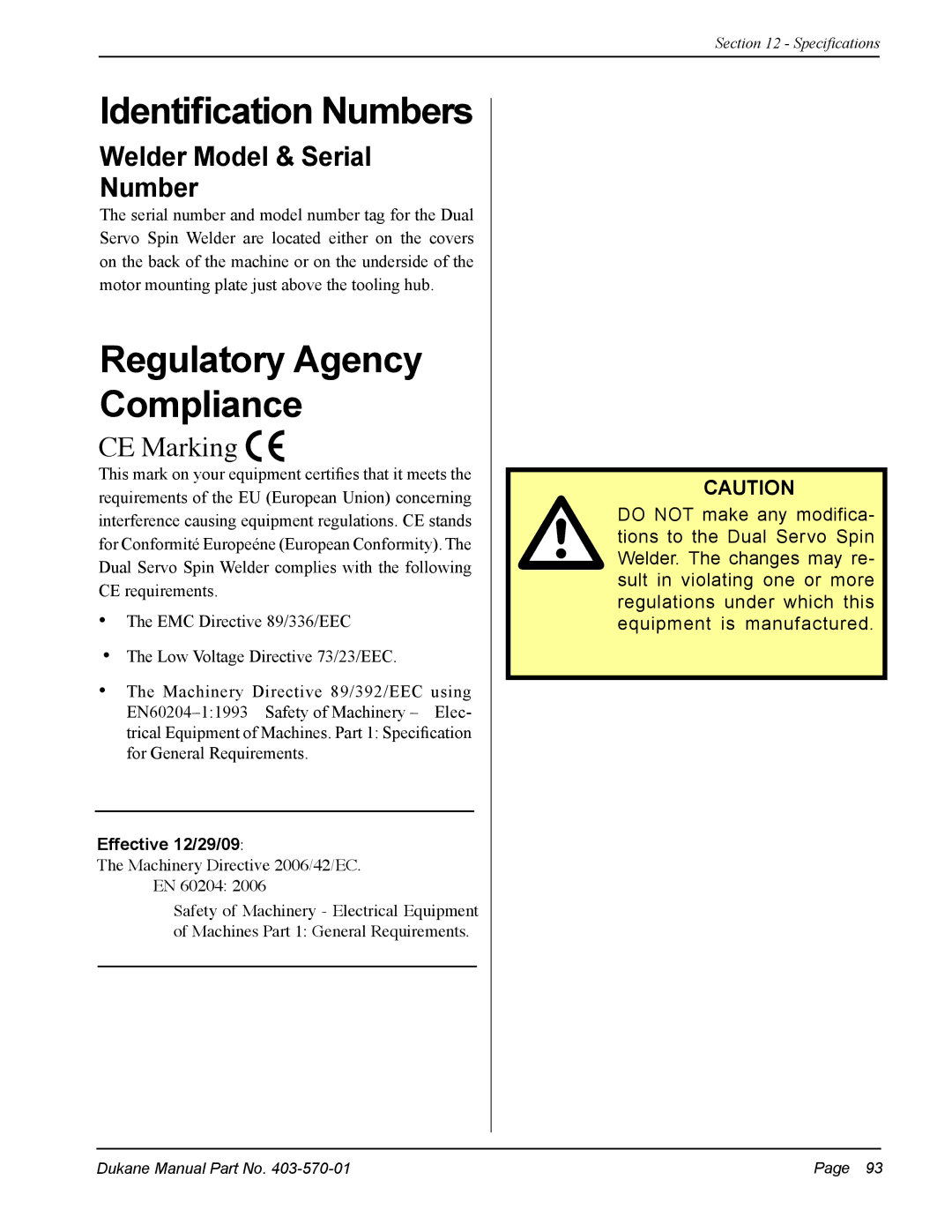 Dukane 403-570-01 user manual Identification Numbers, Welder Model & Serial Number 