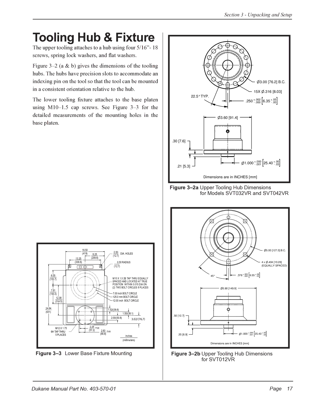 Dukane 403570-01 user manual Tooling Hub & Fixture, Dimensions are in Inches mm 