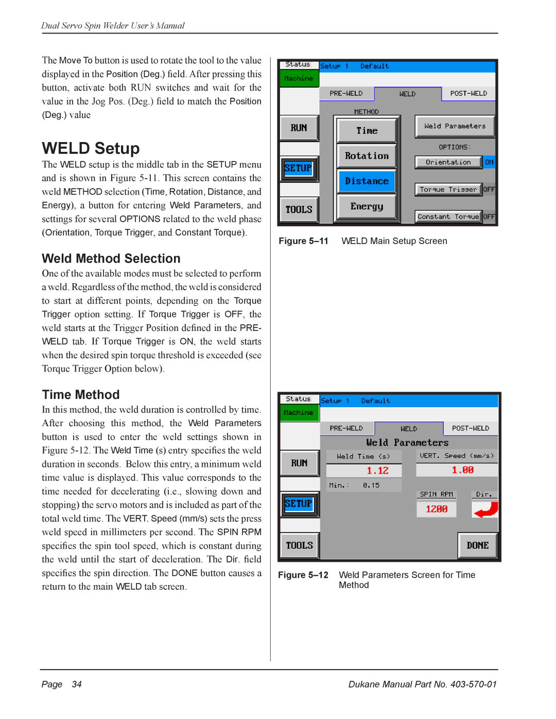 Dukane 403570-01 user manual Weld Setup, Weld Method Selection, Time Method 