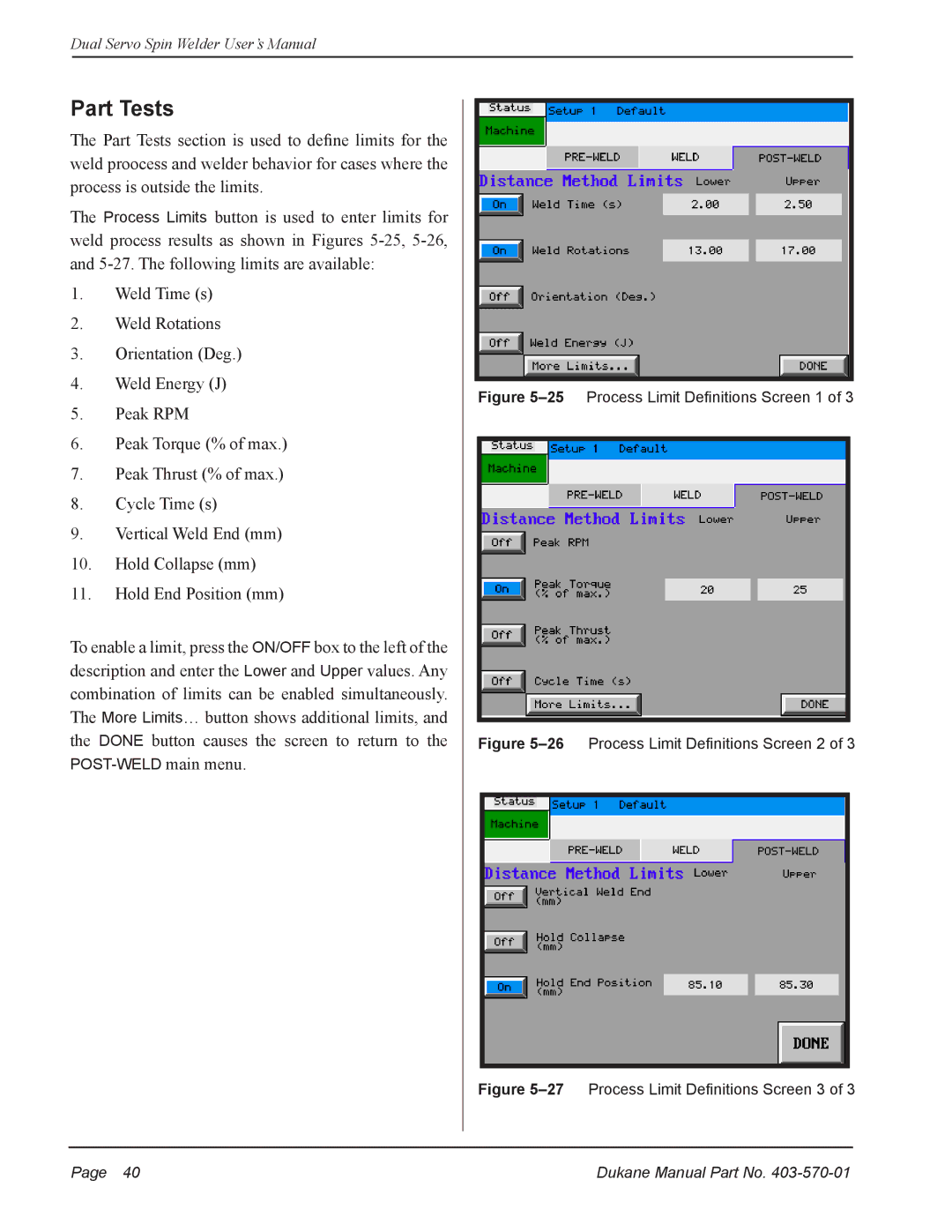 Dukane 403570-01 user manual Part Tests, 25Process Limit Definitions Screen 1 