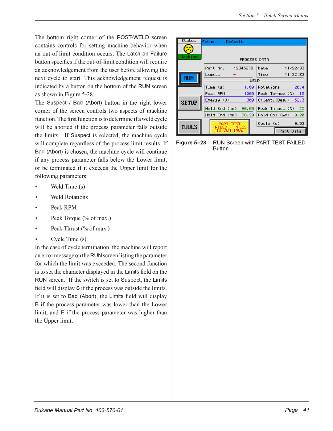 Dukane 403570-01 user manual 28RUN Screen with Part Test Failed Button 