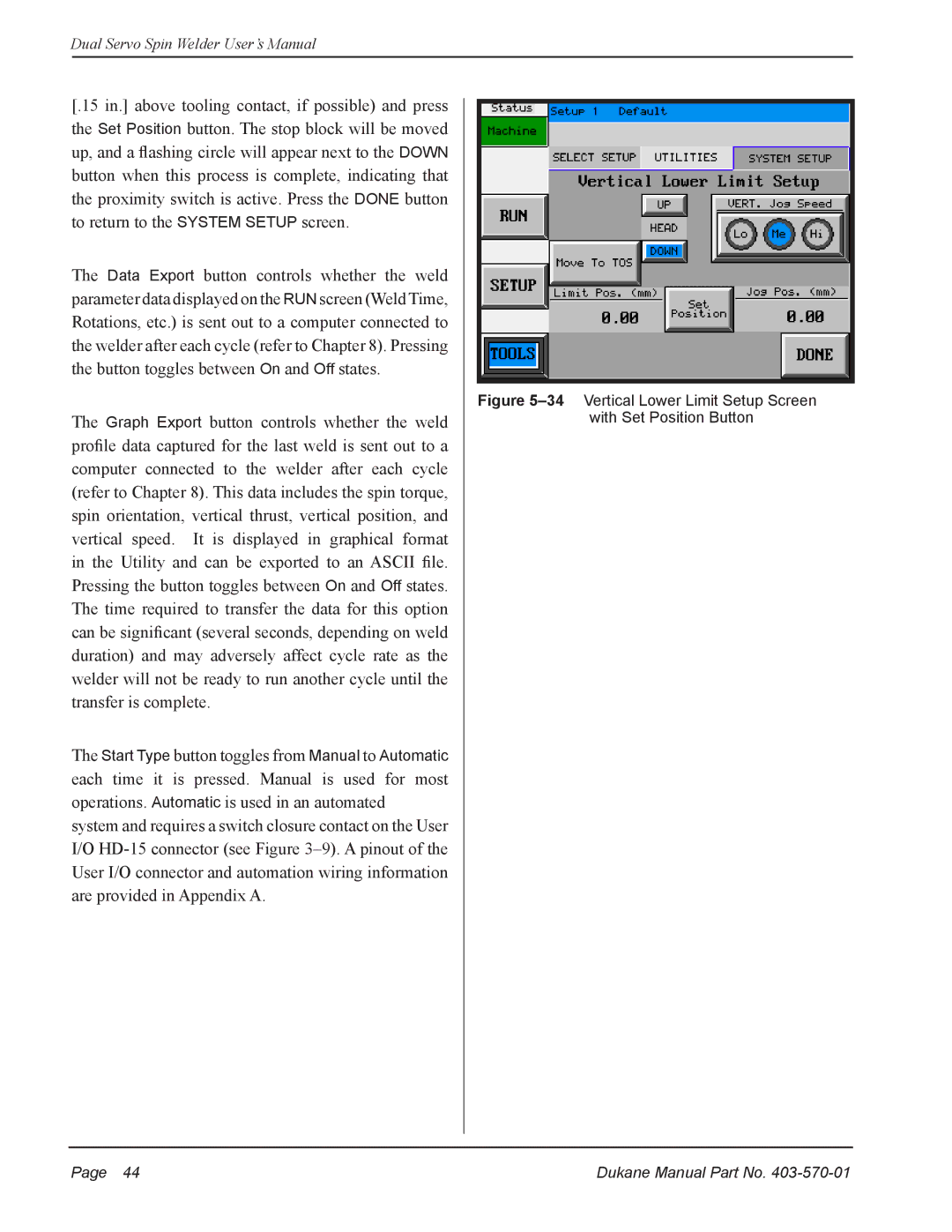 Dukane 403570-01 user manual 34Vertical Lower Limit Setup Screen with Set Position Button 