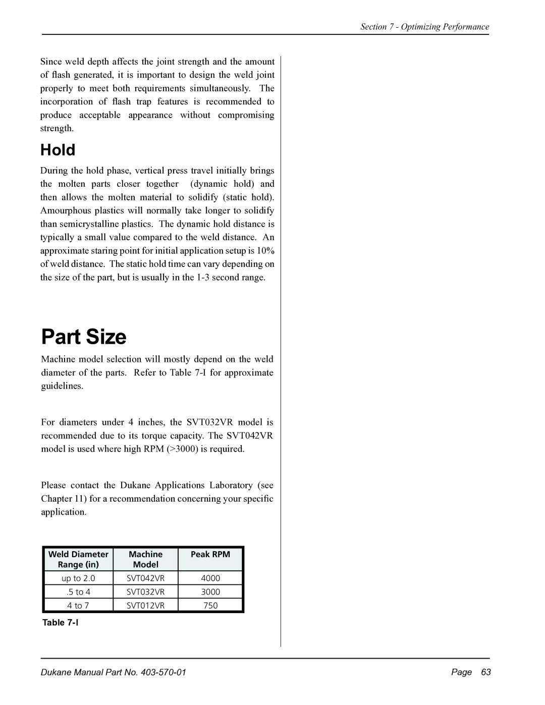 Dukane 403570-01 user manual Part Size, Hold, Weld Diameter Machine Peak RPM 