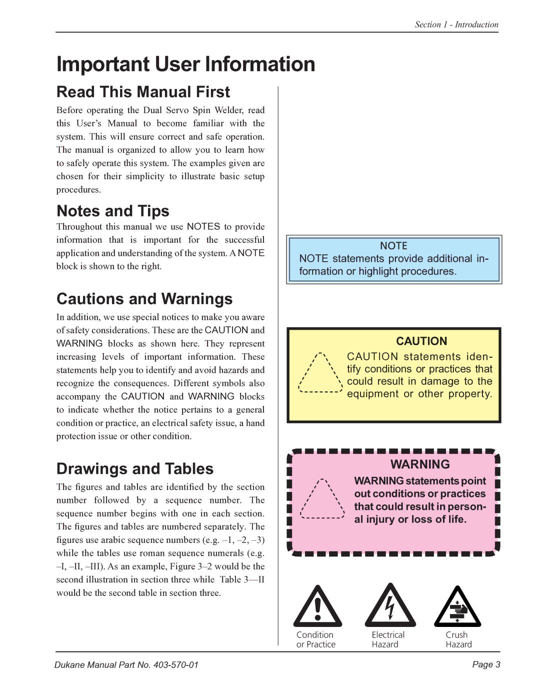 Dukane 403570-01 user manual Important User Information, Read This Manual First, Drawings and Tables 