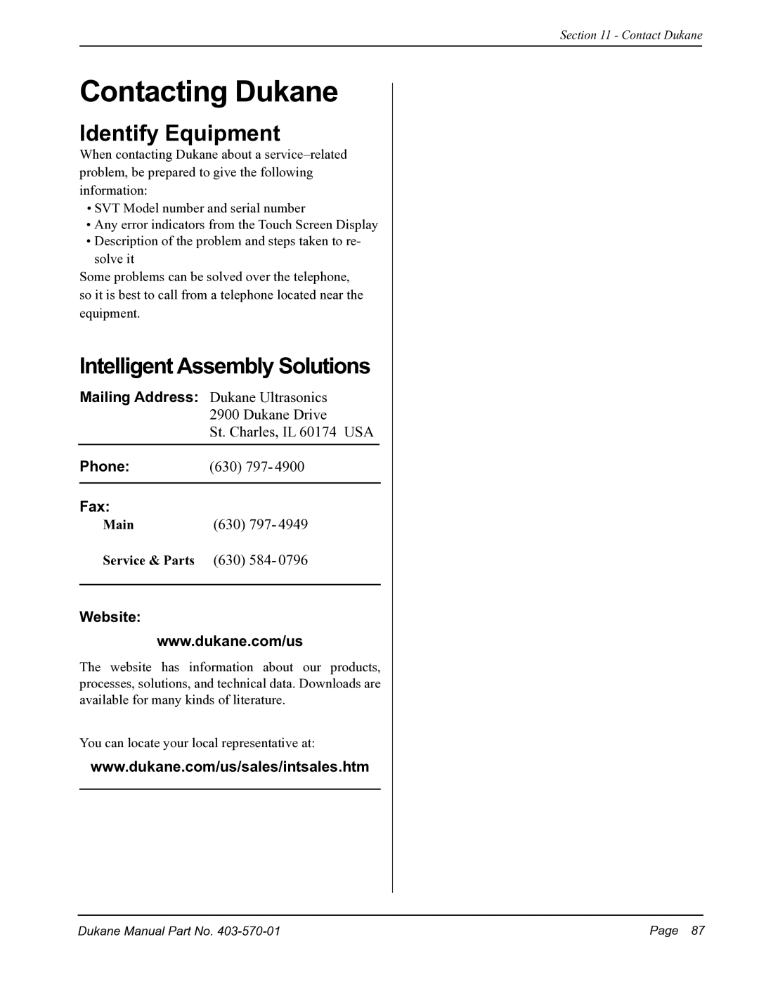 Dukane 403570-01 user manual Contacting Dukane, Identify Equipment, Intelligent Assembly Solutions 