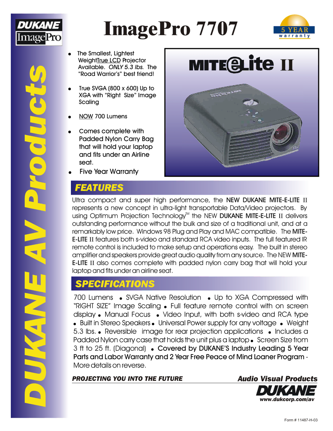 Dukane 7707 specifications Dukane AV Products, ImagePro, Features, Specifications 