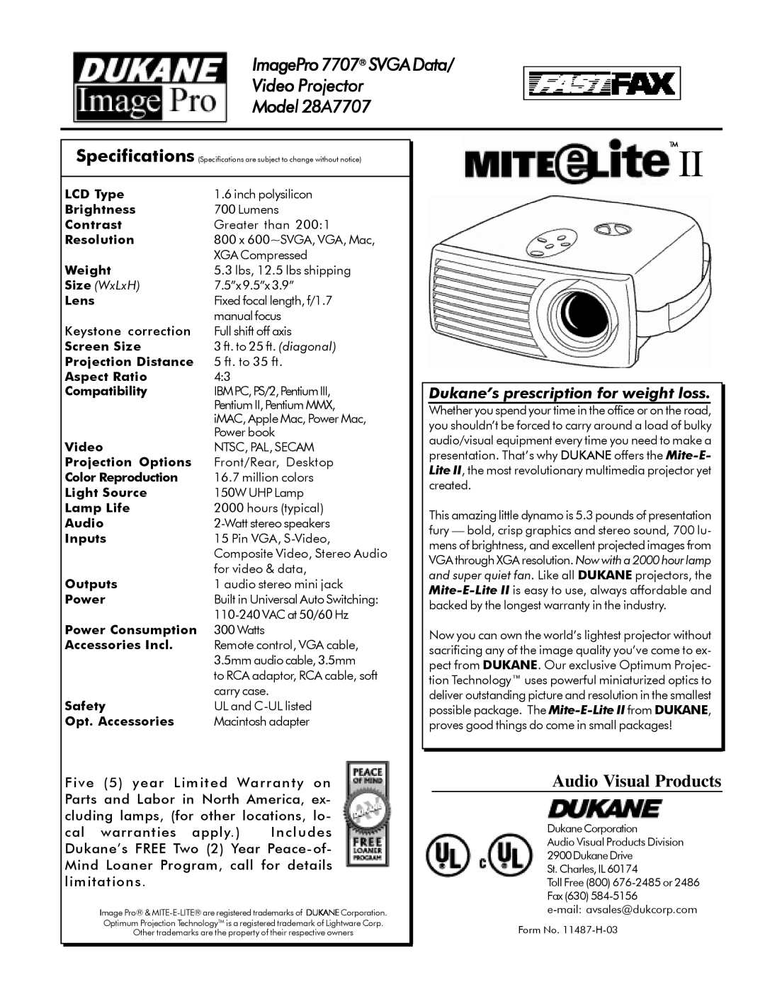 Dukane specifications ImagePro7707 SVGAData Video Projector Model 28A7707, Audio Visual Products 