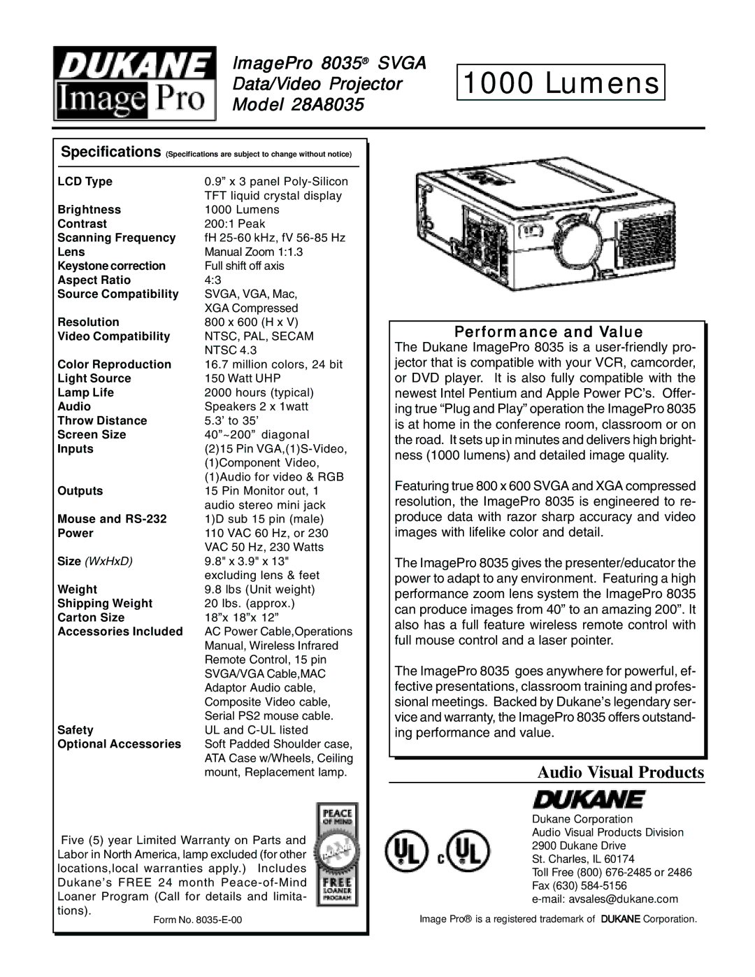 Dukane 8035 specifications Lumens, Audio Visual Products, Performance and Value 