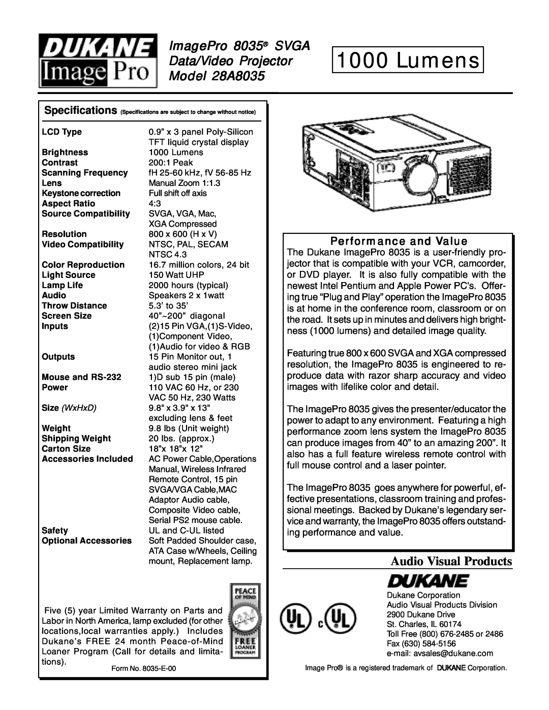 Dukane Lumens, ImagePro 8035 SVGA Data/Video Projector Model 28A8035, Audio Visual Products, Performance and Value 