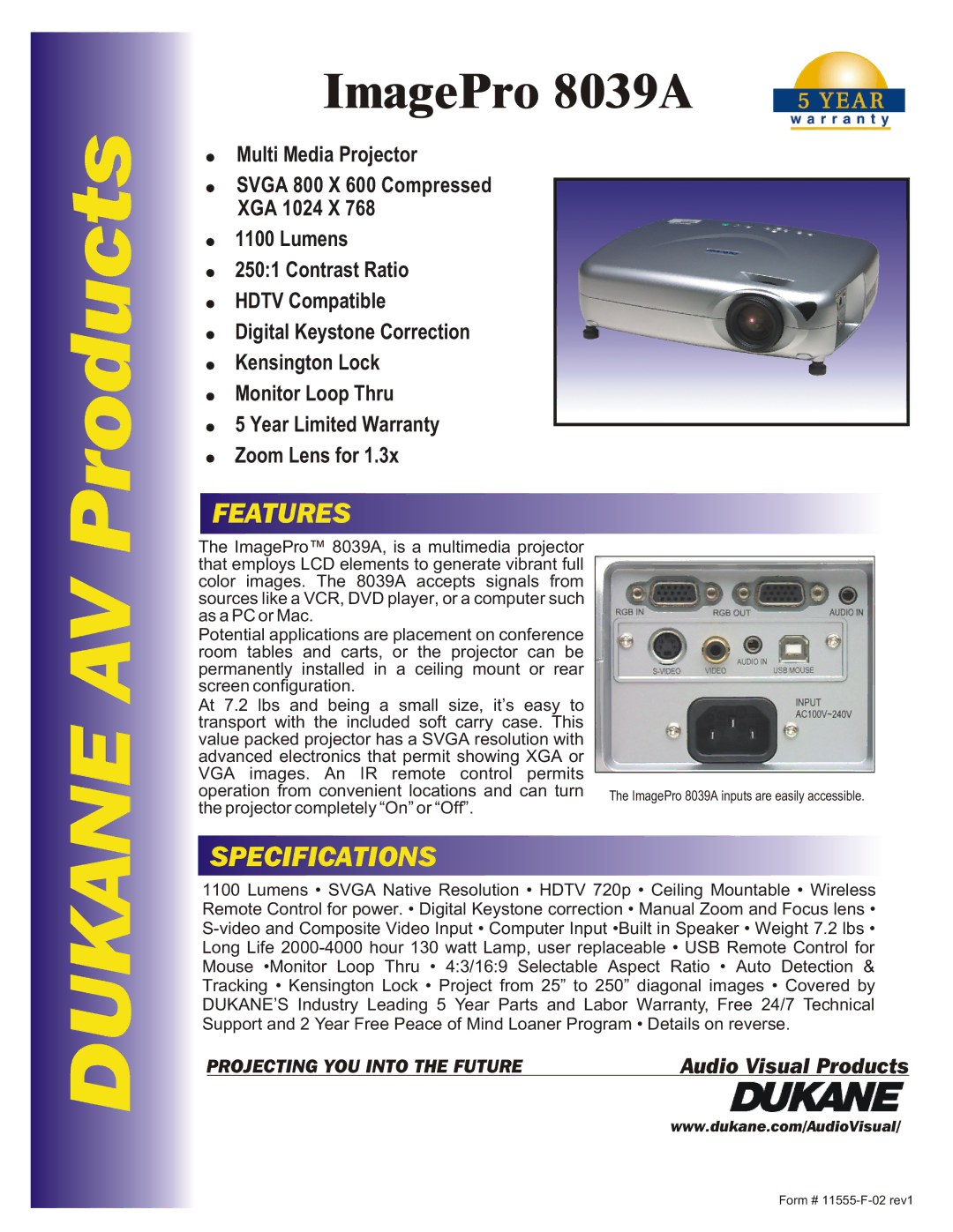 Dukane 8038A specifications Dukane AV Products, ImagePro 8039A, Features, Specifications 