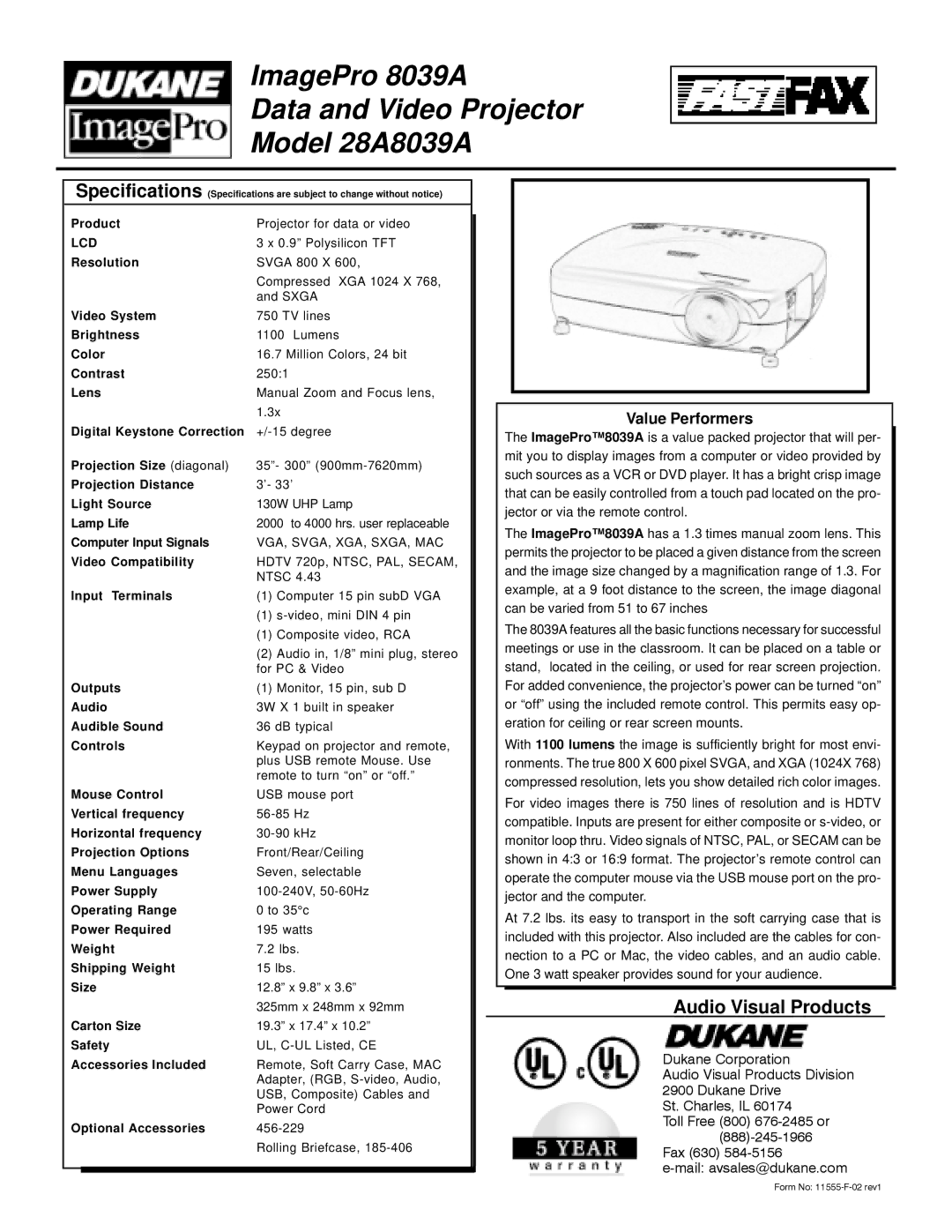 Dukane 8038A ImagePro 8039A Data and Video Projector Model 28A8039A, Audio Visual Products, Value Performers, Lcd 