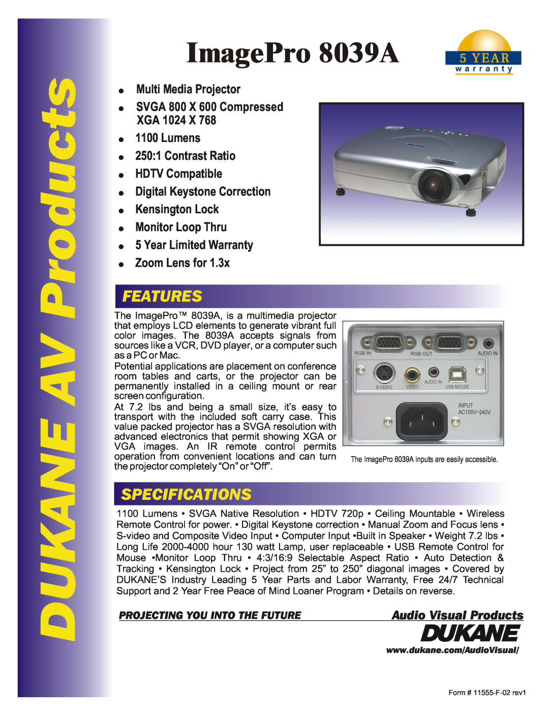 Dukane 8038A specifications DUKANE AV Products, ImagePro 8039A, Features, Specifications, Audio Visual Products 