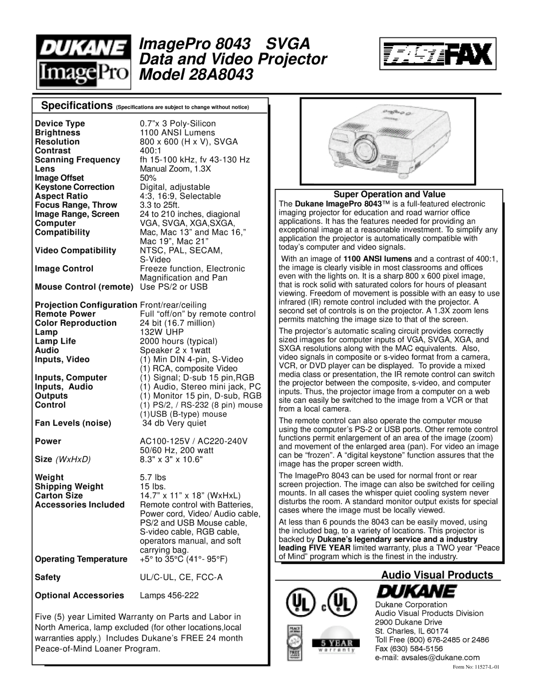 Dukane specifications ImagePro 8043 Svga Data and Video Projector Model 28A8043, Audio Visual Products 