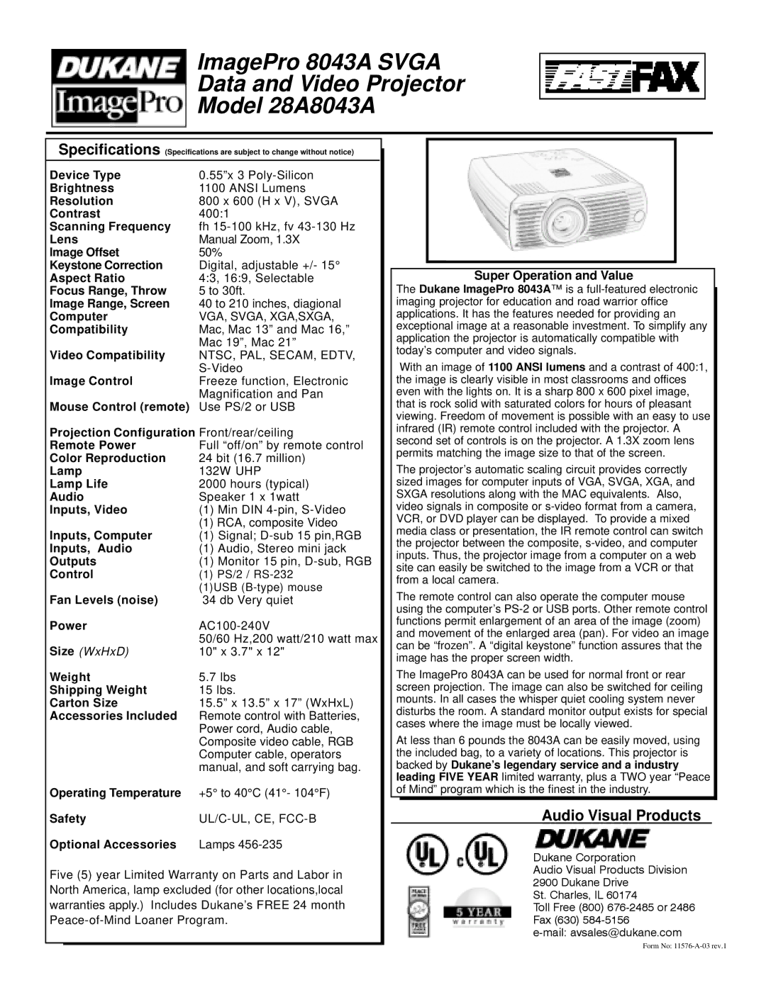 Dukane specifications ImagePro 8043A Svga Data and Video Projector Model 28A8043A, Audio Visual Products 