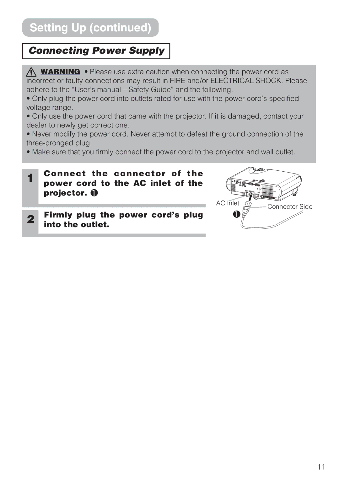 Dukane 8044 manual Connecting Power Supply, Firmly plug the power cord’s plug 1 into the outlet 