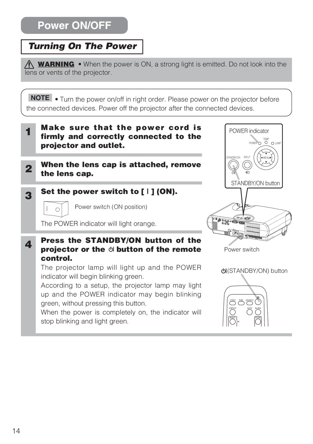 Dukane 8044 manual Power ON/OFF, Turning On The Power, When the lens cap is attached, remove, Lens cap 