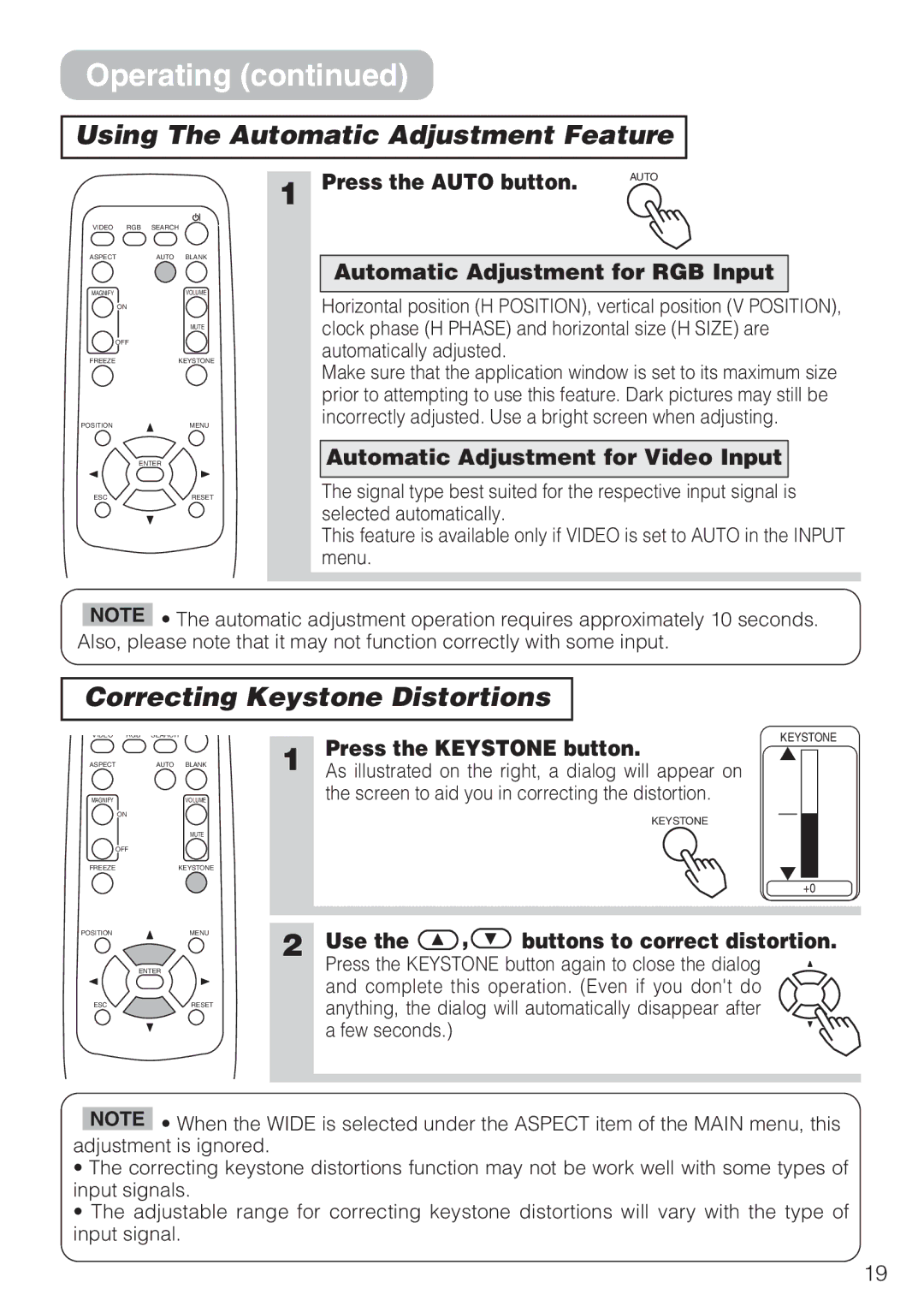 Dukane 8044 manual Using The Automatic Adjustment Feature, Correcting Keystone Distortions 