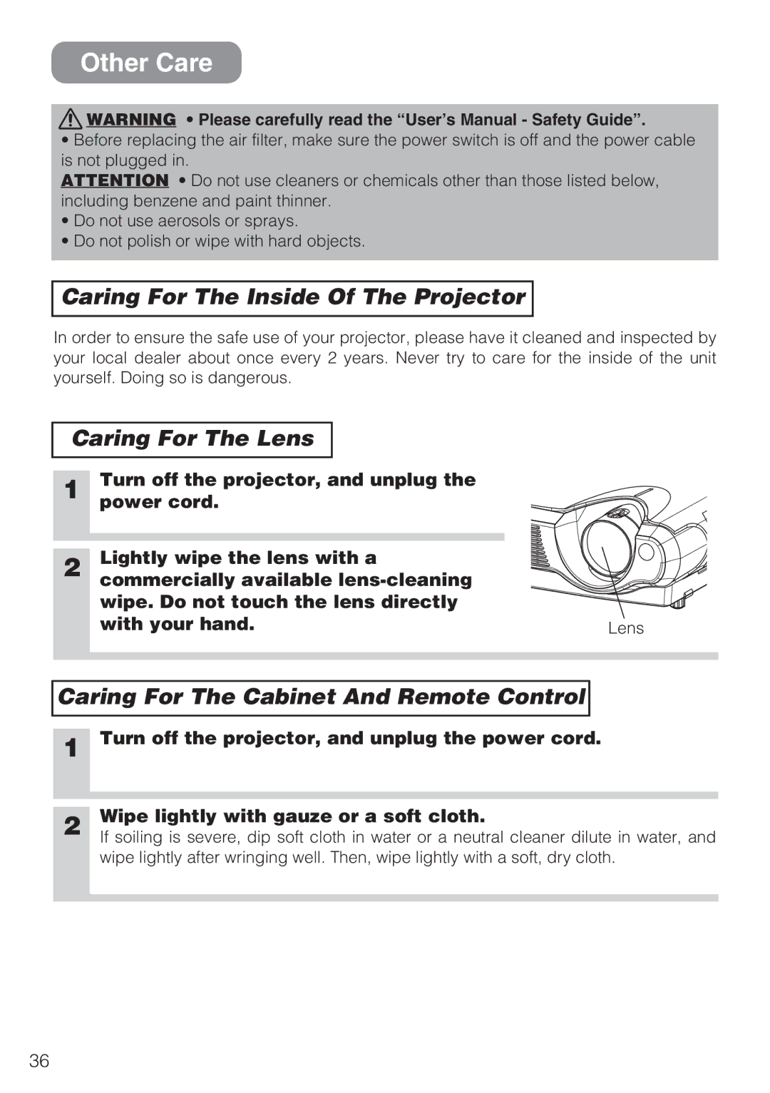 Dukane 8044 manual Other Care, Caring For The Inside Of The Projector, Caring For The Lens 