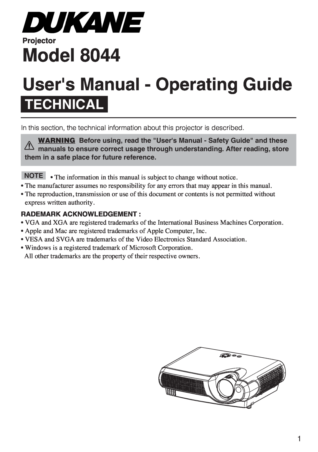 Dukane 8044 manual Projector, Model, Users Manual - Operating Guide, Technical, them in a safe place for future reference 