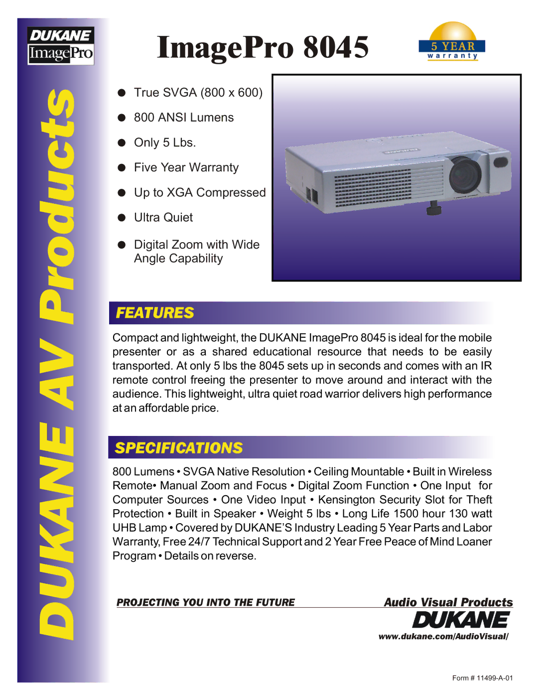 Dukane 8045 specifications Dukane AV Products, ImagePro, Features, Specifications 