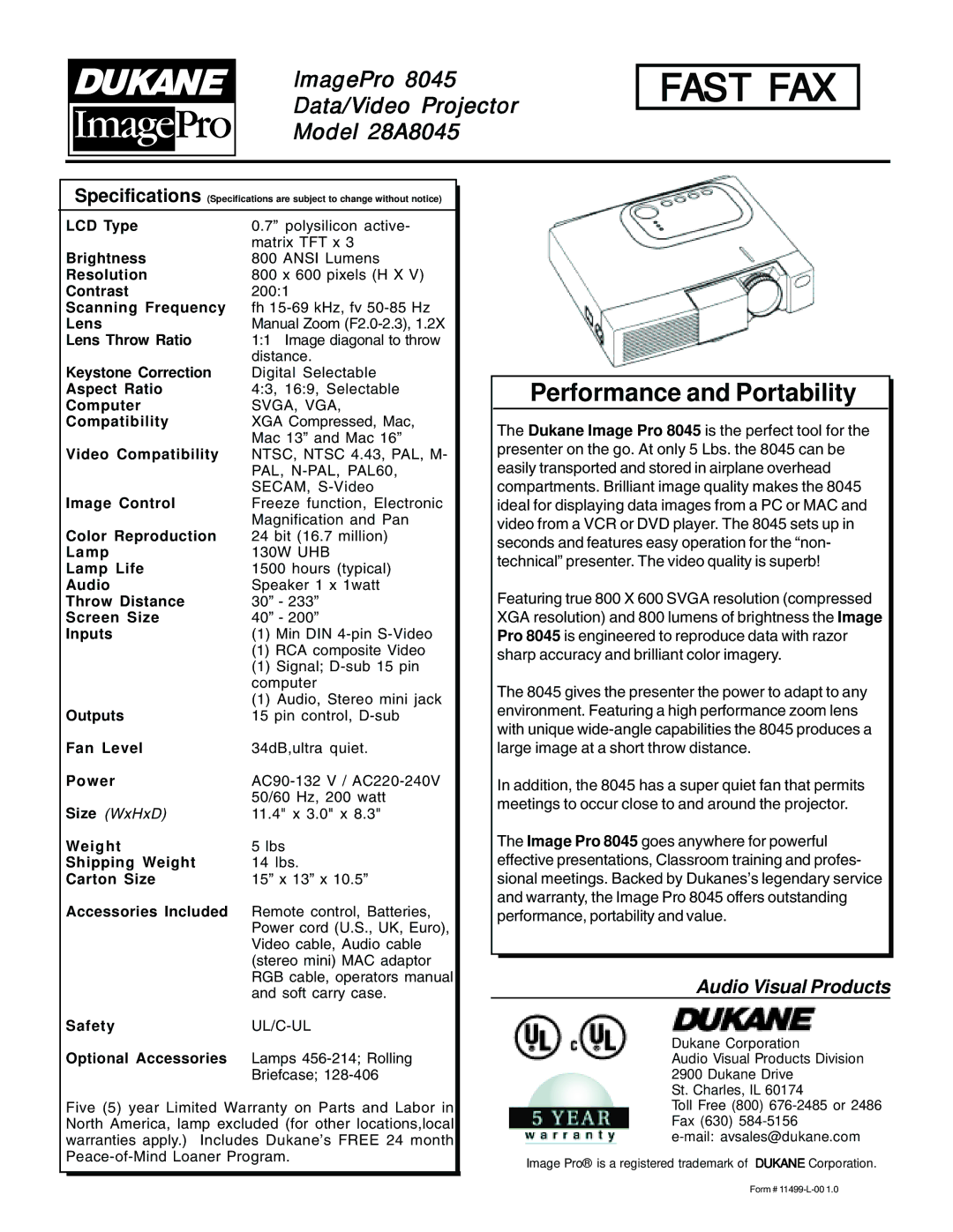 Dukane 8045 specifications Fast FAX, Performance and Portability, Audio Visual Products 