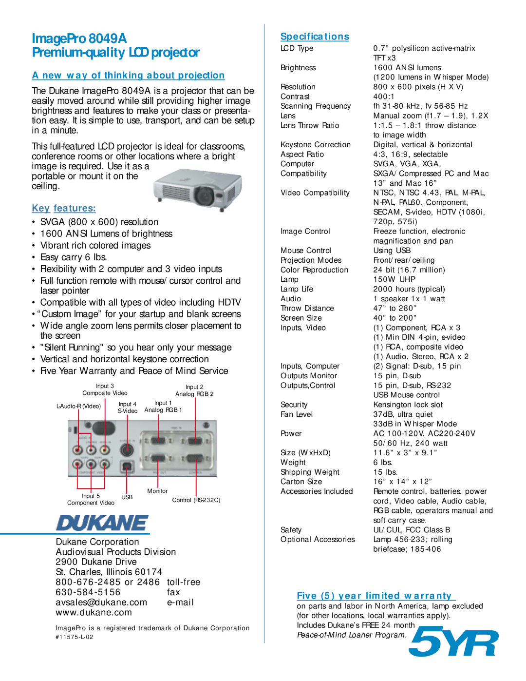 Dukane ImagePro 8049A Premium-quality LCD projector, New way of thinking about projection, Key features, Specifications 