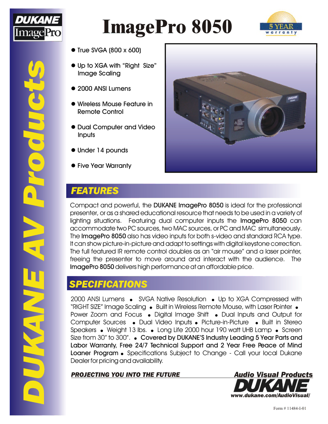 Dukane 8050 specifications Dukane AV Products, ImagePro, Features, Specifications 