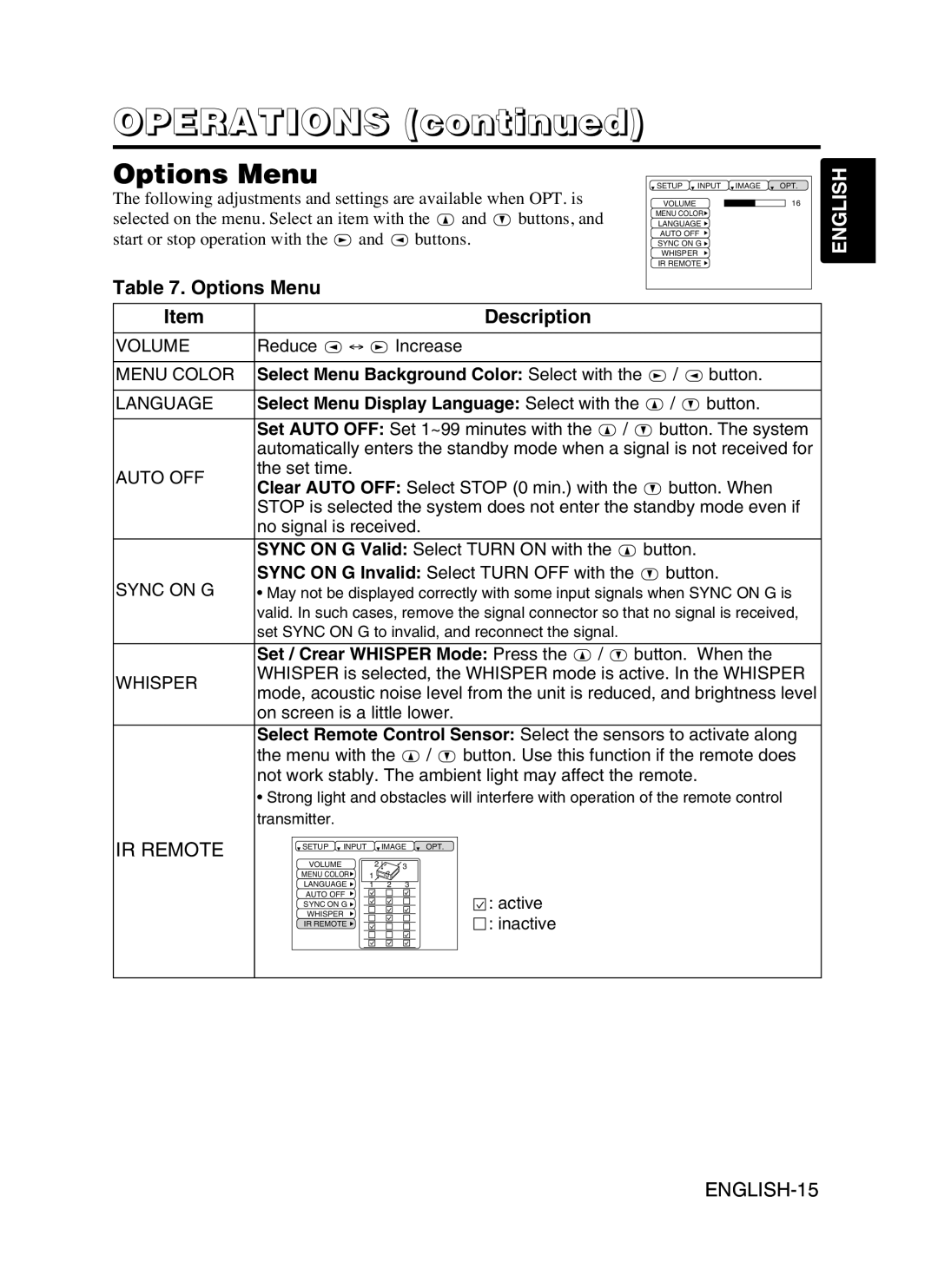 Dukane 8053 user manual Options Menu, Select Menu Background Color Select with, Select Menu Display Language Select with 