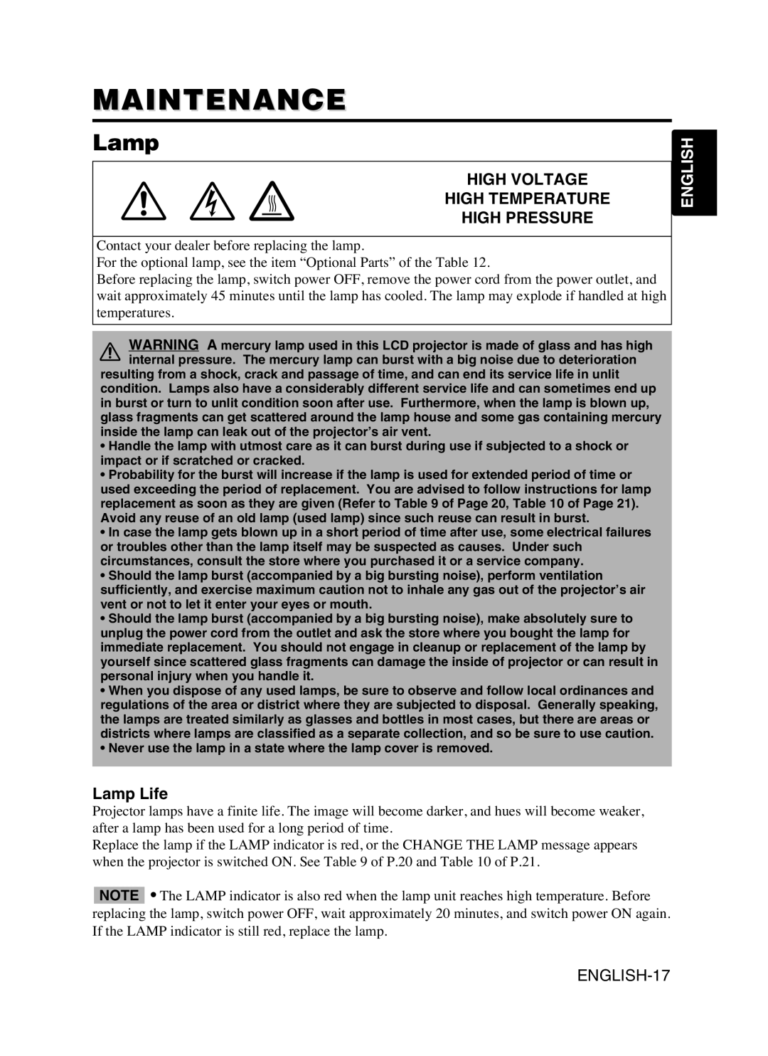 Dukane 8053 user manual Maintenance, Lamp Life 