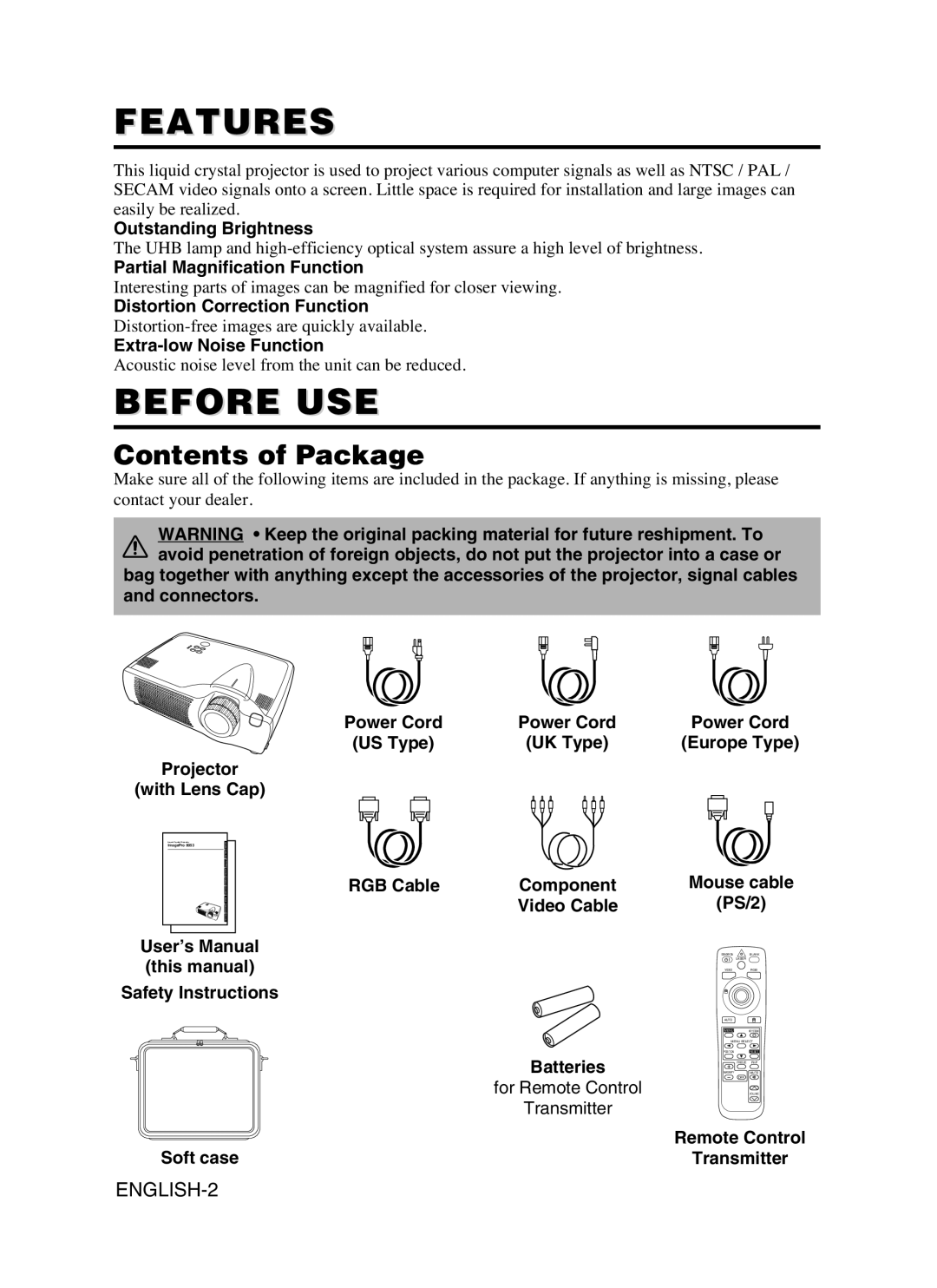 Dukane 8053 user manual Features, Before USE, Contents of Package 