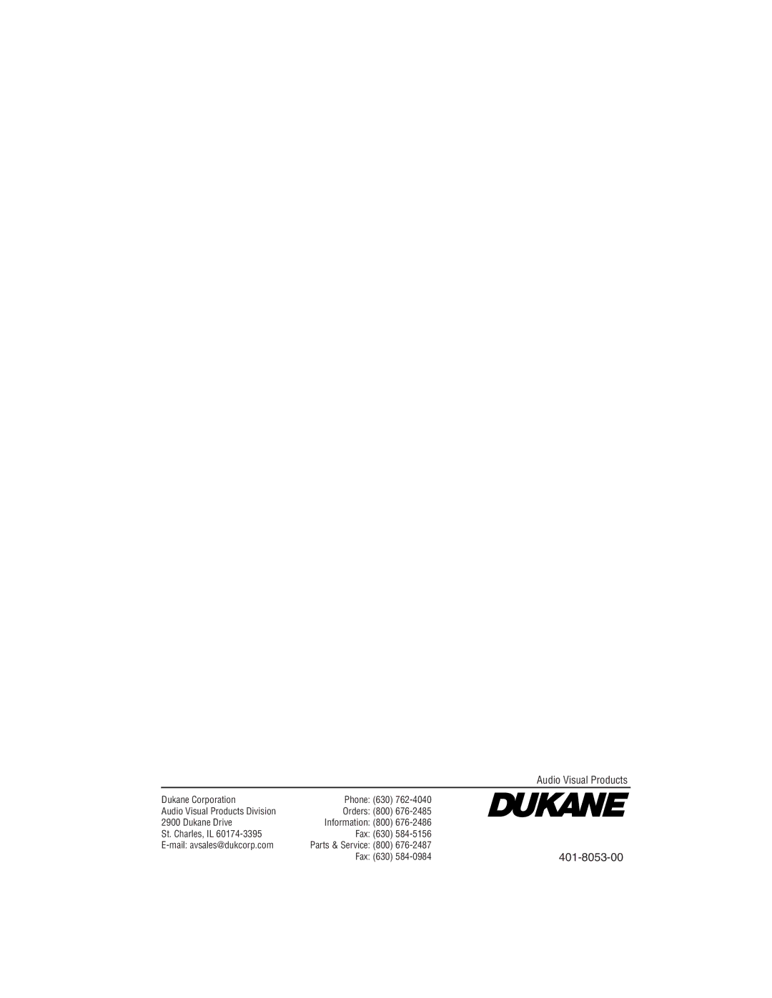 Dukane user manual 401-8053-00, Audio Visual Products 