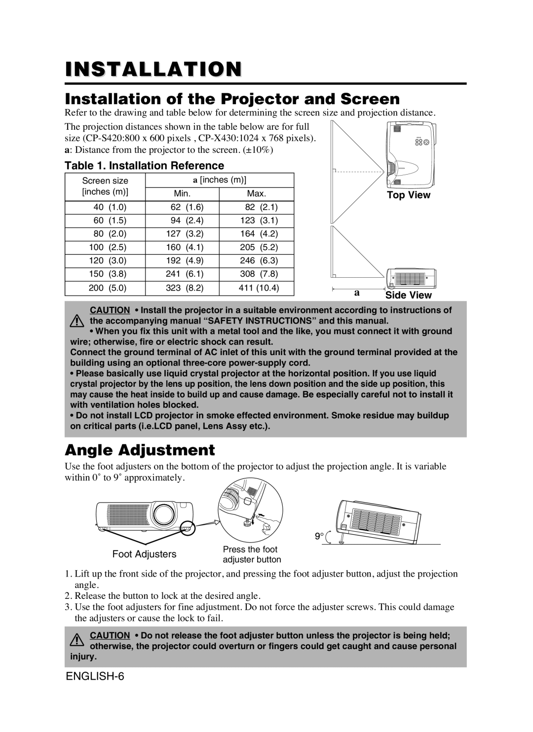 Dukane 8053 Installation of the Projector and Screen, Angle Adjustment, Installation Reference, Top View Side View 