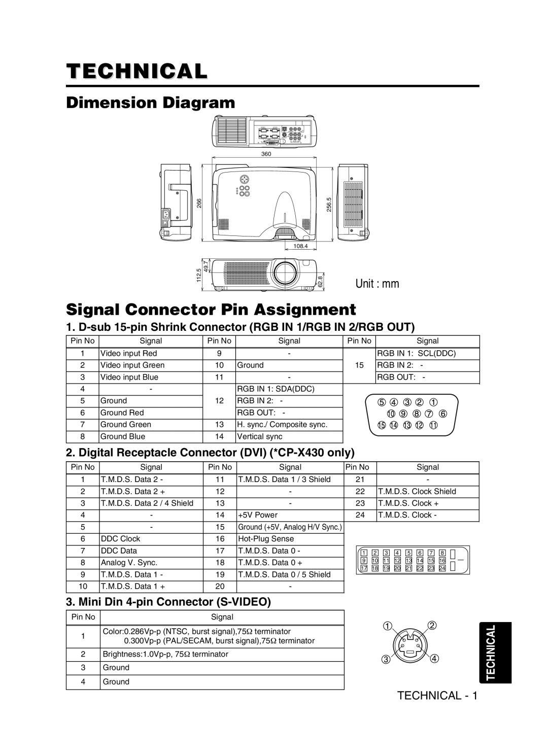 Dukane 8053 Technical, Dimension Diagram, Signal Connector Pin Assignment, Digital Receptacle Connector DVI *CP-X430 only 
