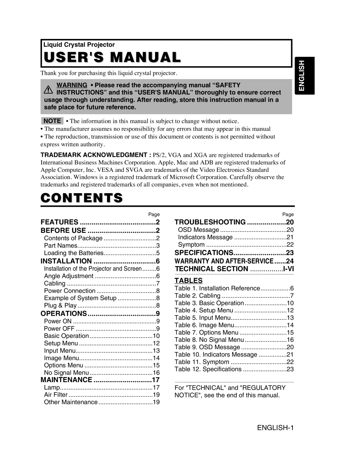 Dukane 8053 user manual Contents, English, I-Vi, Tables, Users Manual 