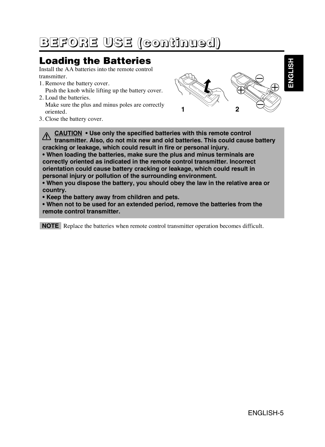 Dukane 8053 user manual Loading the Batteries, BEFORE USE continued, English, ENGLISH-5 
